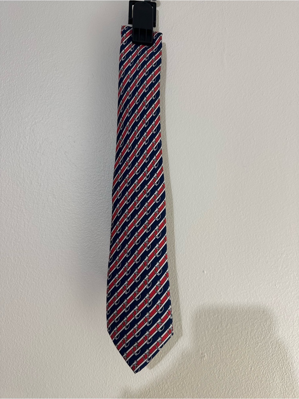 Hermes Navy, Red and White Diagonal Stripe Silk Tie